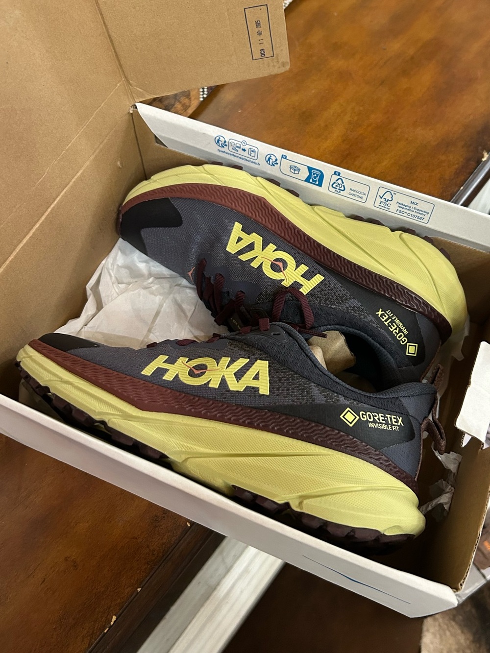 Hoka Challenger 7 GTX Waterproof Trail Shoes in Olive Green & Burgundy